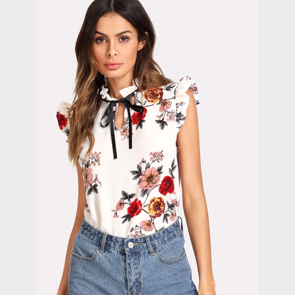 Pearl Embellished Frill Trim Tie Floral Top White - Picture 6 of 8